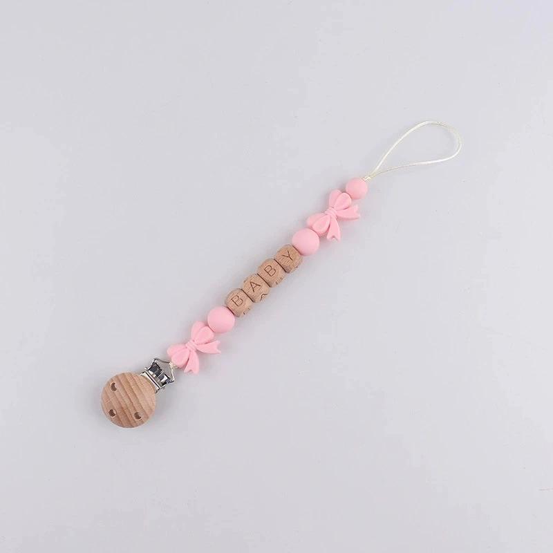 Anpassbare Namens-Baby-Schnullerkette aus lebensmittelechtem Silikon mit Schleife, Anti-Verlust-Clip und Beißspielzeug-Lanyard für Neugeborene