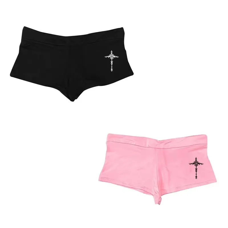

Vintage Gothic Punk Cross Print Women's Lace Bow Mini Shorts Sexy Slim Chic Emo Girl Hot Pants Y2K Harajuku Aesthetic Streetwear
