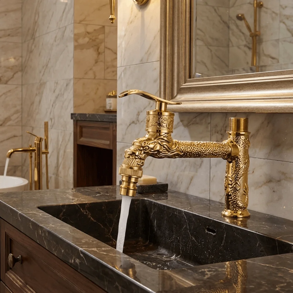 

Смеситель с дизайном в виде головы дракона, антикварный стиль, морозостойкий материал, универсальное подключение, настенный монтаж, изысканный излив