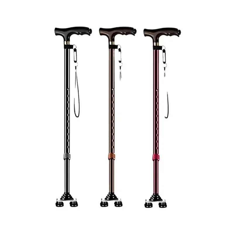 Aluminium Height Adjusting Walking Stick Cane with Lamp Wheel Chair Folding Body Health Care Black