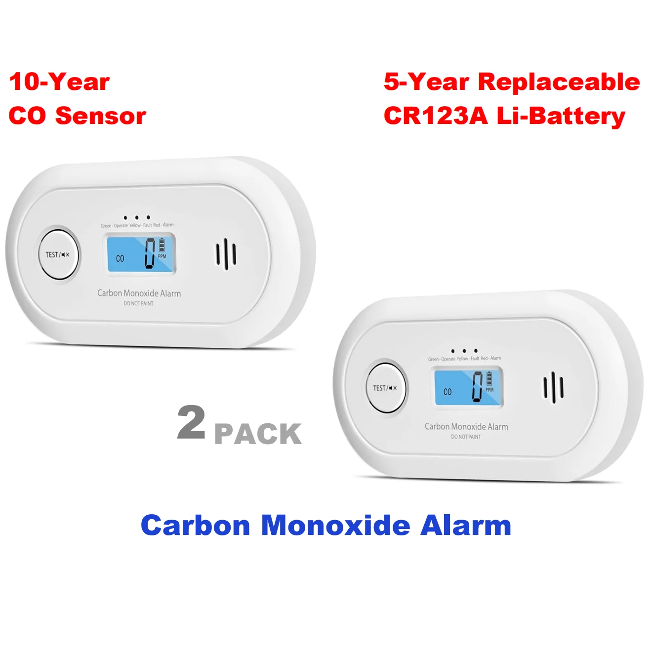 Carbon Monoxide Alarm with Digital LCD Display, Carbon Monoxide Detector with Replaceable CR123A Battery, CE, VC22R, 2-PACK