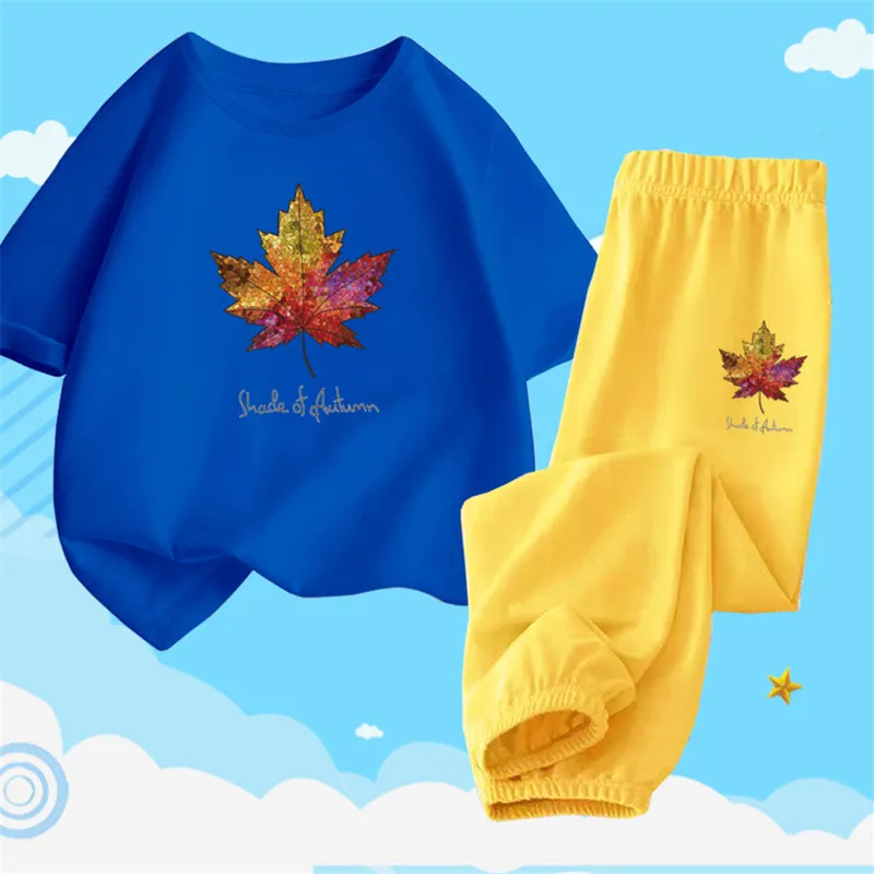 Teenage Boy Cartoon Maple Leaf Clothes Set Summer Children Tshirts and Pants 2 Pieces Suit Kids Top Bottom Outfits Tracksuits