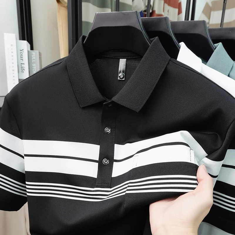 Striped Polo Shirt Men's Short Sleeve T-Shirt Notch Lapel Half-Sleeve Summer New Arrival Dad Tee