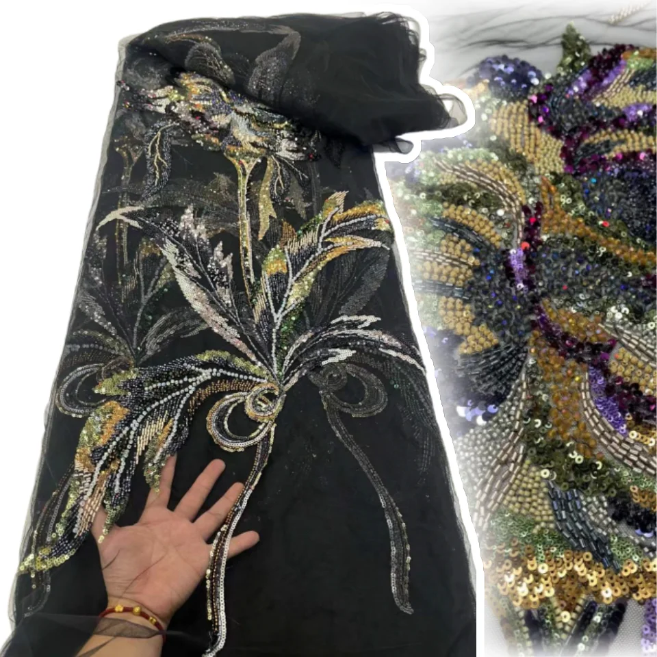 

2025 африканская кружевная ткань ручной работы с блестками и жемчугом, французская тяжелая тюль с бисером, кружевная ткань для свадебного платья, материал C1279