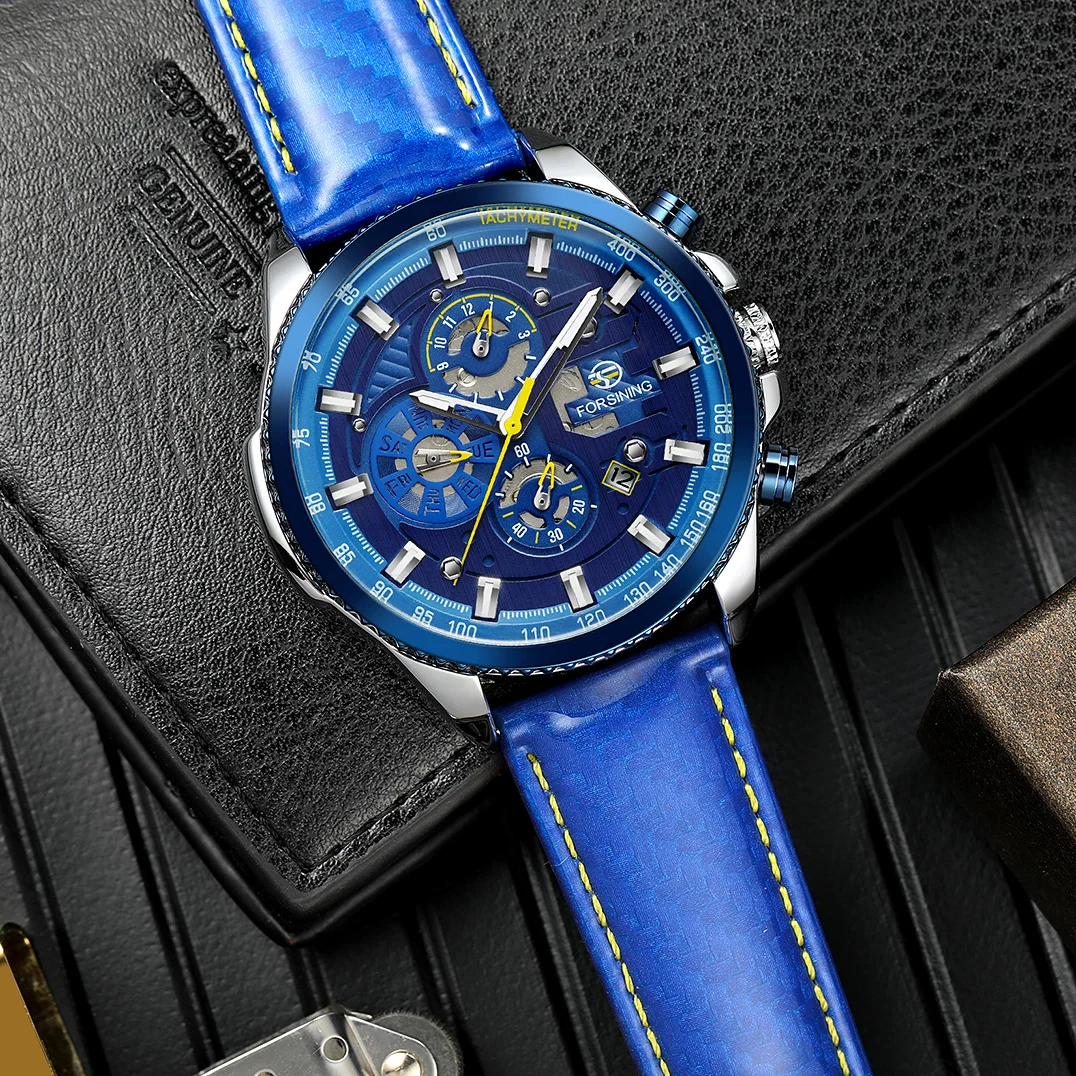 2024 Original Waterproof Luminous Big Blue Dial Mechanical Watches Luxury Men Watch Multifunctional Automatic Date Leather Wrist