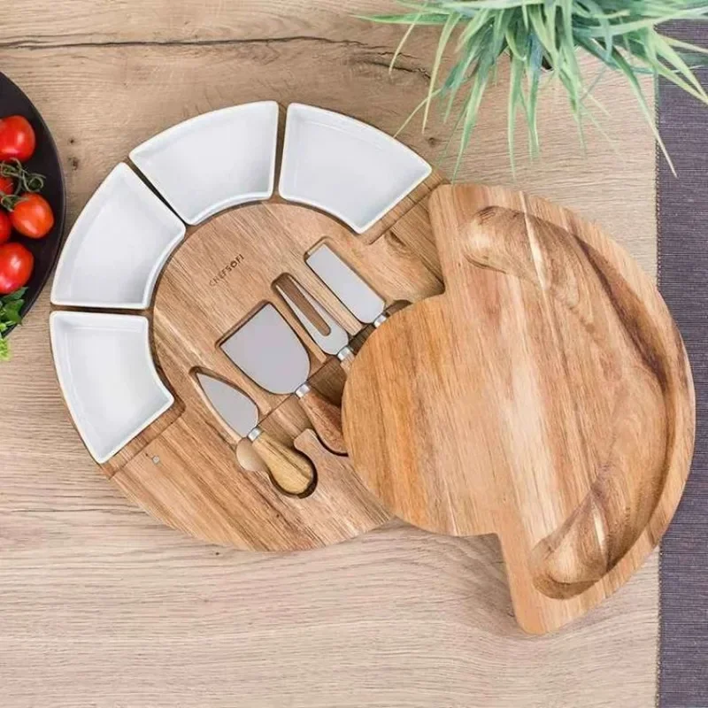 Rotatable Cheese Cheese Cutlery Tray Pastoral Style Pastry Plate Acacia Mangium Fruit Cheese Knife Cutting Board Set