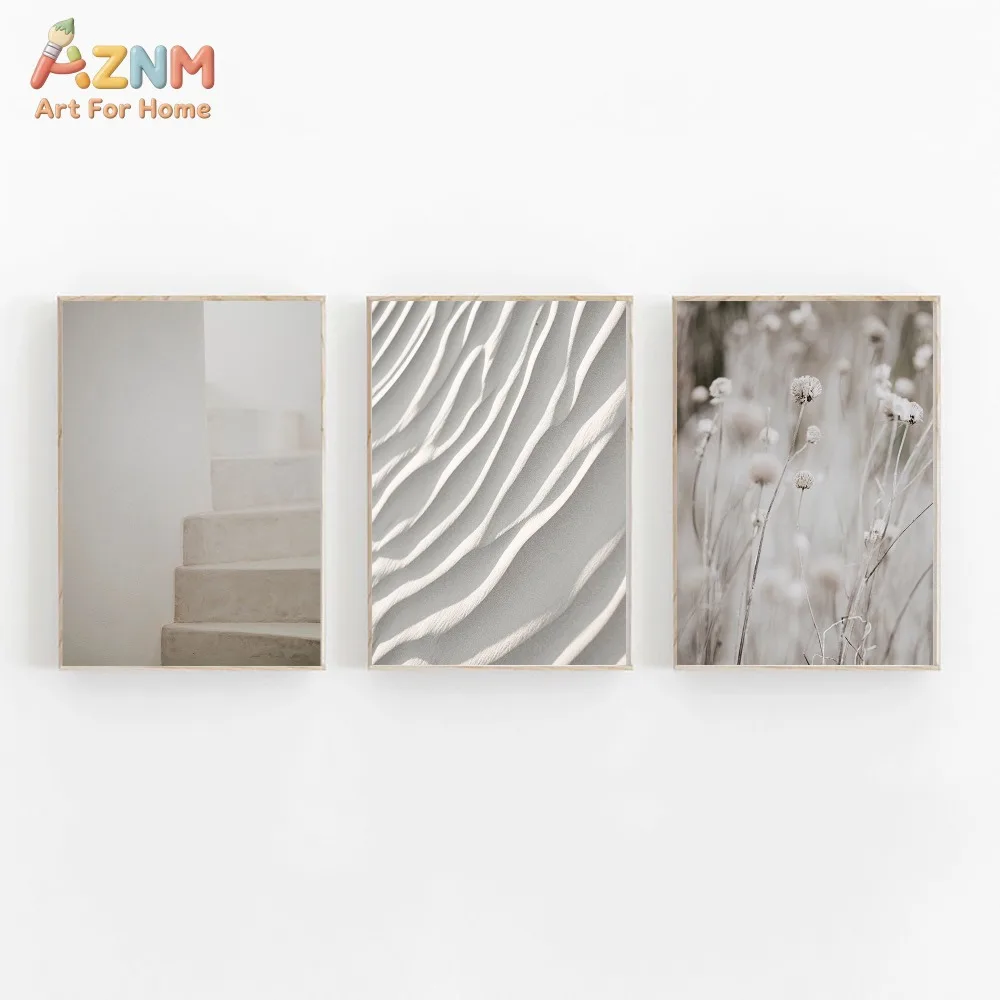 AZNM 3Pcs Neutral Wabi Sabi Canvas Wall Art, Minimalist Staircase Sand Dune Dried Wildflower Print Frameless Canvas Painting,
