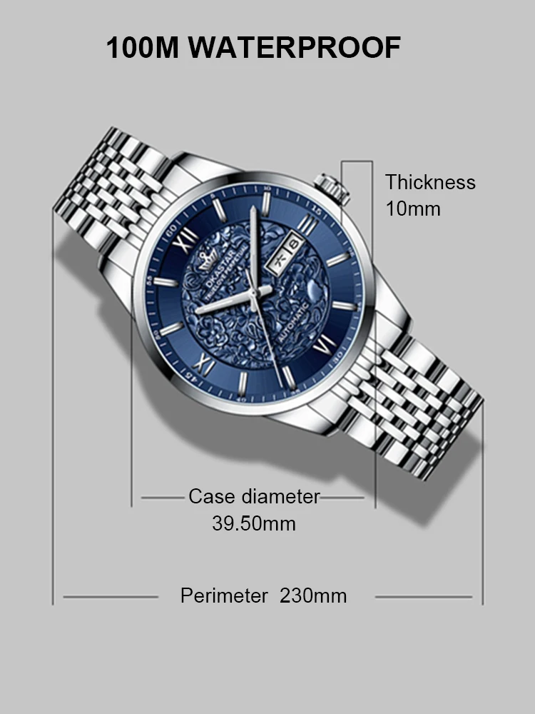 Automatic Watch Men Business Mechanical Wristwatches 39mm Luxury 100m Waterproof Watches DKASTAR Stainless Steel 3D Dial Clocks