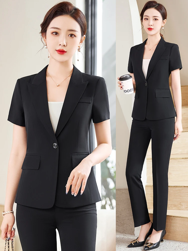 

Летний тонкий костюм с короткими рукавами для женщин, профессиональная рабочая одежда, униформа для менеджера отеля, модный стиль для поездок на работу, большие размеры, полиэстер...