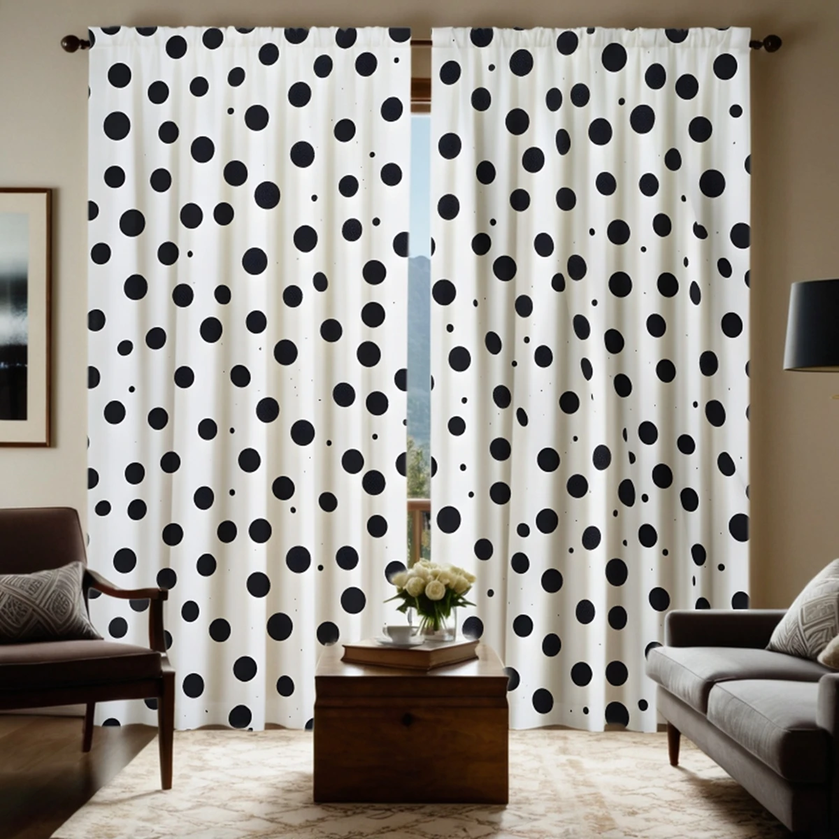 2pcs HD black and white polka dot decorative curtain White tie digital printed curtain Home decoration style decoration livin