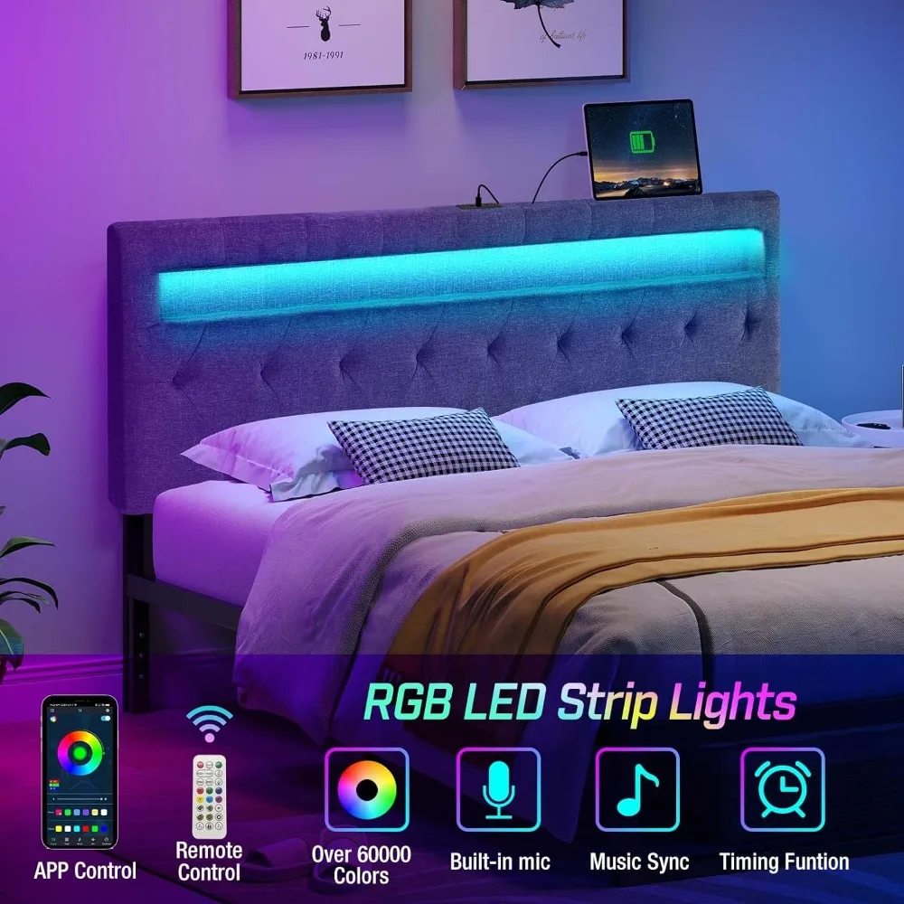 Twin Size Headboard with 60,000 DIY Color of LED Light, USB & Type C Post, Attach Frame, Adjustable, Linen Fabric Headboard