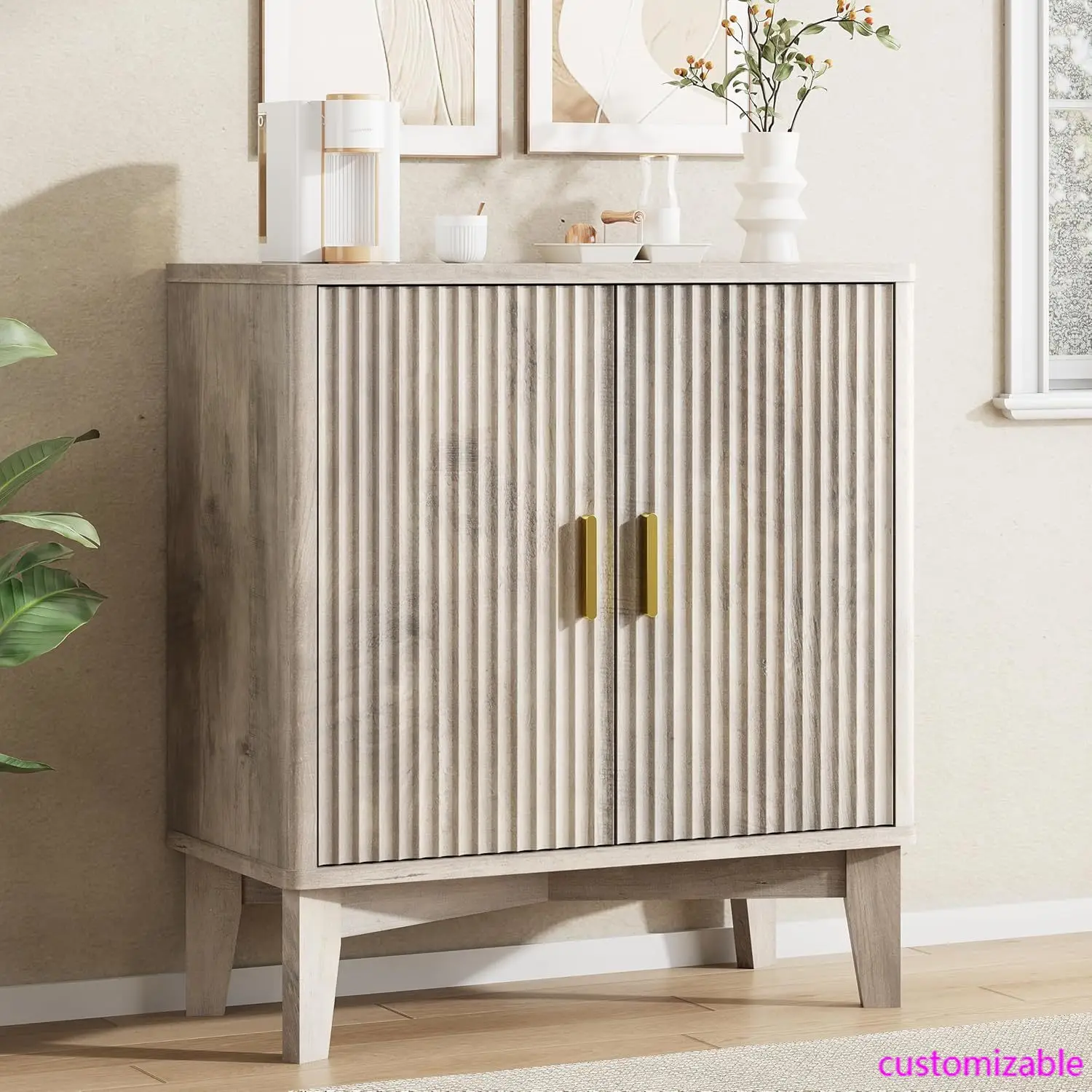 

Рифленый буфет-буфет с местом для хранения вещей, 30-дюймовый современный кофейный винный бар середины века с регулируемыми полками