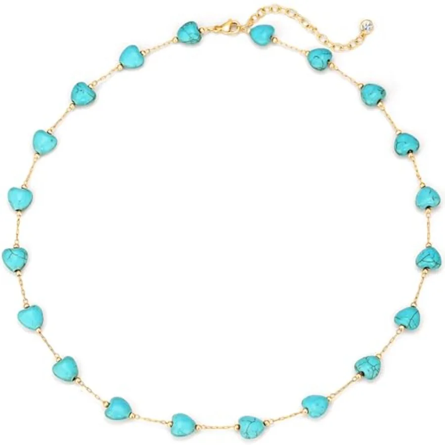 

Created Turquoise Necklace for Women 14K Gold Plated Beaded Heart Choker Boho Necklaces Handmade Beach Summer Everyday Western