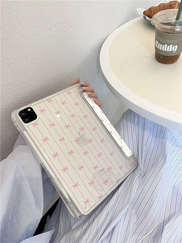 Cute Pink Striped Bow Tablet Case For iPad Pro 11 12.9 13 A16 M2 M4 M3 M5 Shell 9.7 10.2 5/6/7/8/9/10/11th Mini Air 3 4 5 Cover