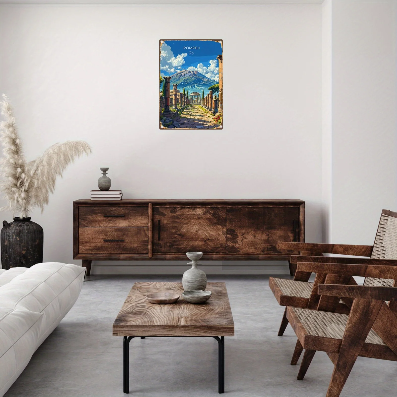 DDPNKL Vintage Pompeii ديكور فني جداري إيطالي لوح من القصدير المعدني الحديدي مع منظر طبيعي Vesuvius وأعمدة رومانية وأشجار السرو