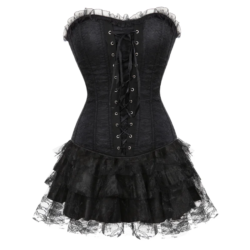 Women Sexy Lace Trim Corset Dress Vintage Burlesque Floral Corsets Bustiers with Mini Tutu Skirt Witch Costume Plus Size S-6XL