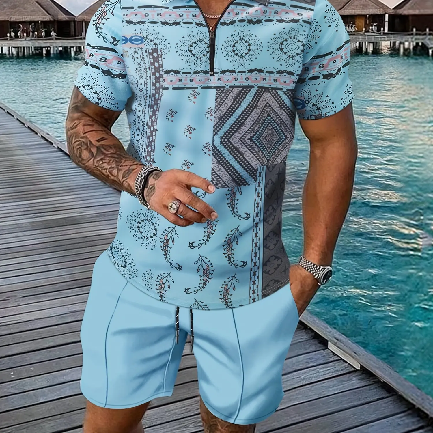 Conjunto de moletom estampado Totem 3D masculino, estilo nacional retrô, camisa polo e shorts com zíper, roupas masculinas, conjunto treino verão, 2