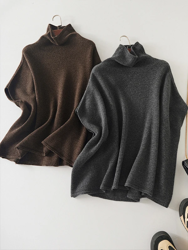 Pull décontracté à manches chauve-souris, tout en cachemire, vieux argent, vent, col roulé