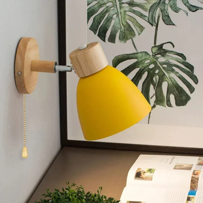 Nordic Wall Lamp Wood Base Color Metal Shade Wall Sconce Adjustable Angle Wall Light for Bedroom Bedside Living Room Home