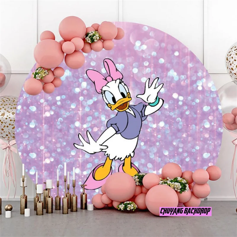 Disney Cartoon Daisy Duck Sequins Round Photography Party Backdrop Kids Baby Shower Circle Party Backdrop Birthday Background