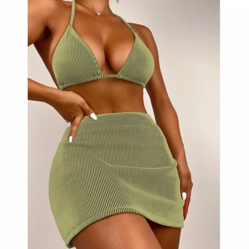 New Bikini Swimsuit Solid Color Tie Sexy Three-Piece Bikini Set