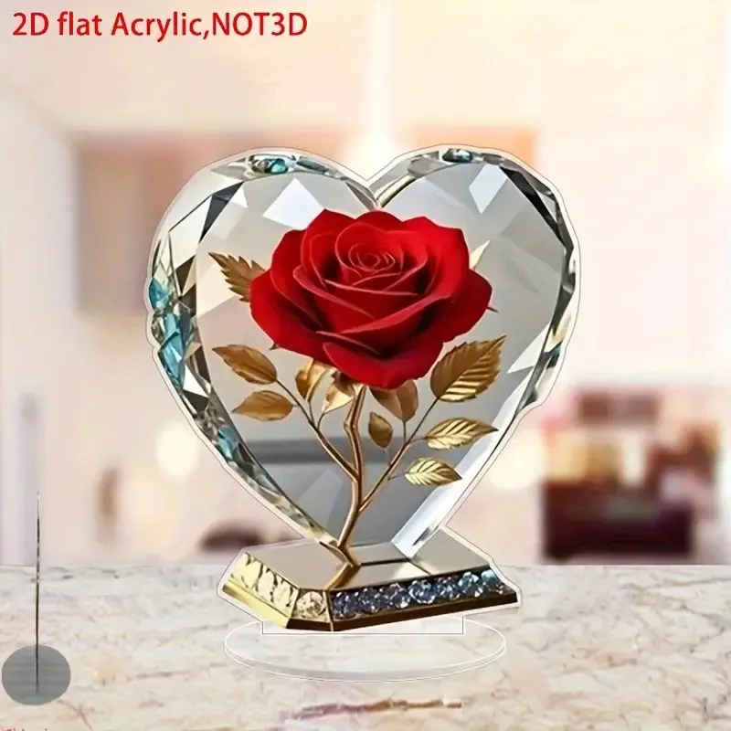 Adorno de Rosa Roja Acrílica 2D, Regalo para el Día de la Madre, Decoración de Escritorio en Forma de Corazón, Adornos Creativos, Regalo de Cumpleaños, Regalo de San Valentín