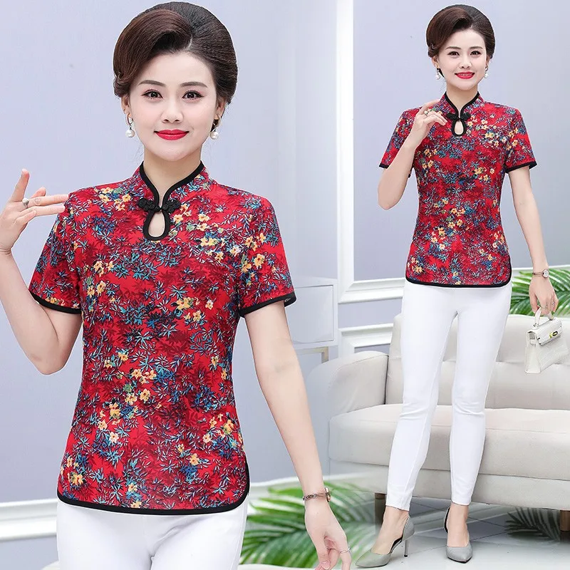 T-shirt donna estiva Vintage donna colletto Cheongsam stampa elegante top donna pullover selvaggio t-shirt Slim fit