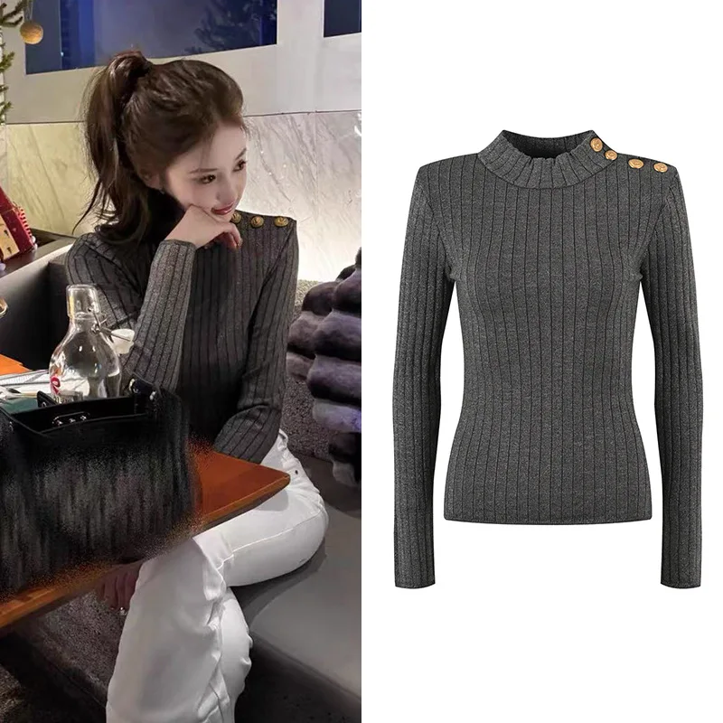 

Slim Fit Long Sve Knitted Base irt oulder Button Design Autumn Winter New Sle Color Crew Ne Sweater for Women