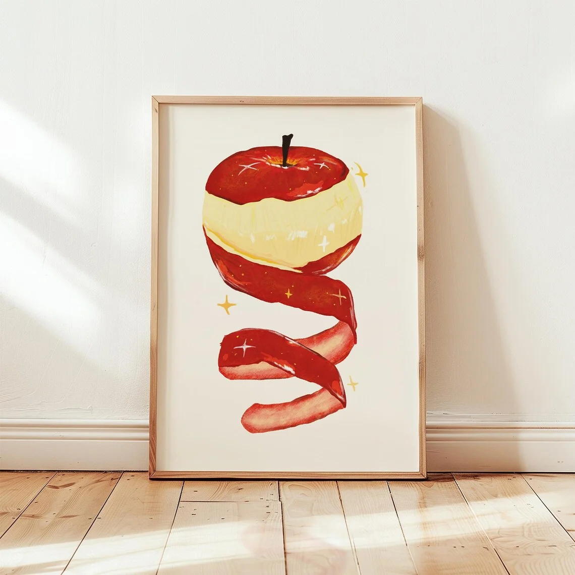 Whimsical Peeled Red Apple Wall Print Decor - Watercolor Illustration of a Red Apple with a Spiral Peeled Skin, Set Against a Cl