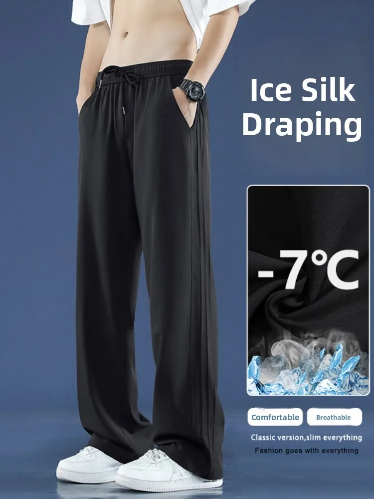 

Мужские летние тонкие брюки из ледяного шелка с эффектом кондиционирования воздуха, прямые, свободные, широкие, струящиеся, с охлаждающим эффектом, повседневные, длинные