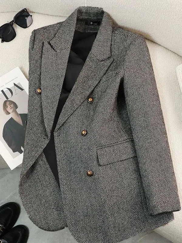 

Retro Ele Women's Long Sve Suit Jaet Casual Loose Fit Korean Sle Autumn Winter New Arrival plus Size Casual Top