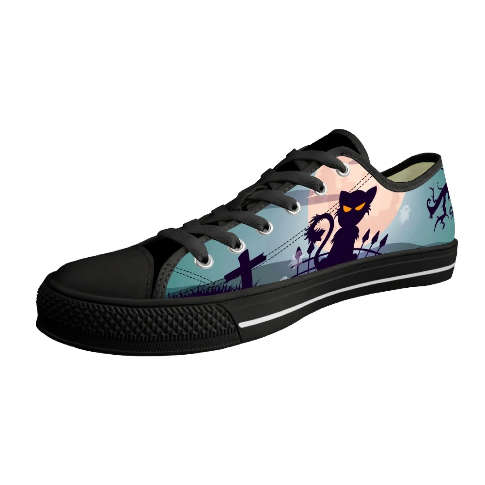 ELVISWORDS Halloween Cat 3D Pattern Women Vulcanized Shoes Classic Canvas Sneakers for Students Girls Leisure Breathable Flats