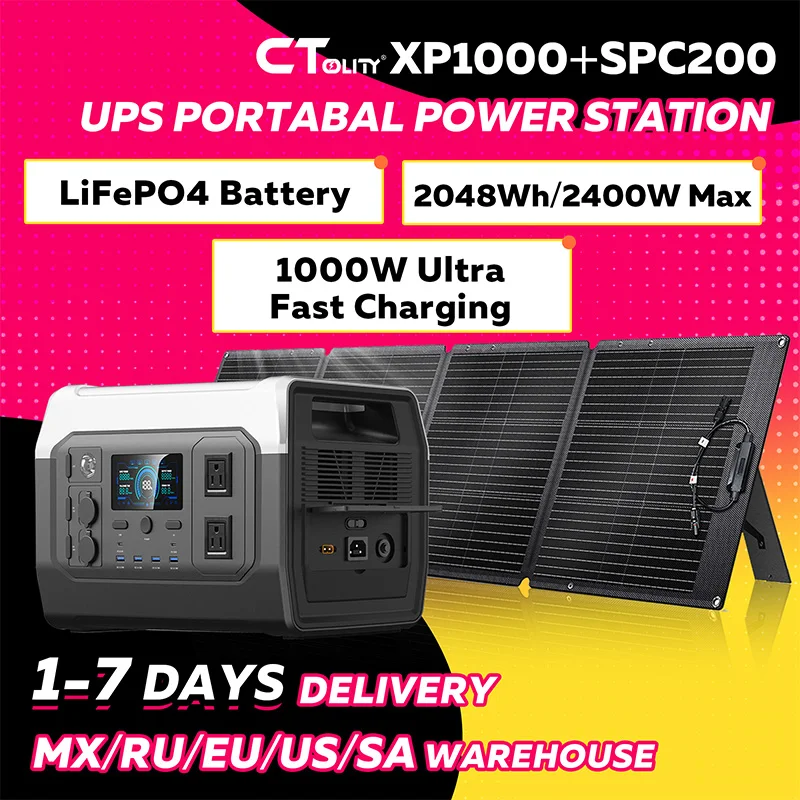 

CTOLITY XP1000 1024WH солнечный генератор 1600 Вт портативная электростанция для кемпинга + 200 Вт ETFE гибкая солнечная панель LiFePO4 батареи ИБП