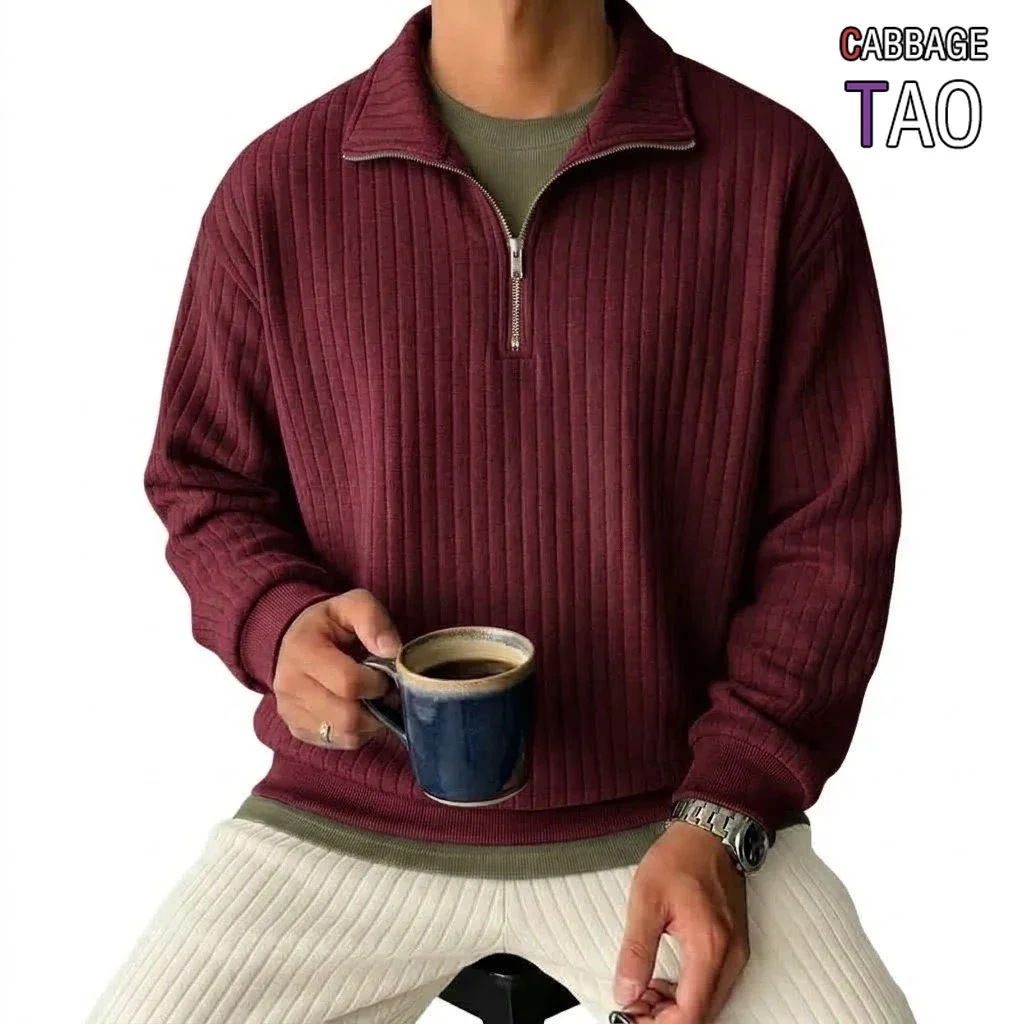 Mens Half Zip Striped Jumper Relaxed Notch Ribbed Polo Collar Pullover Shirts Long Sleeve Knit Hoodie for Guys Notch Outerwear