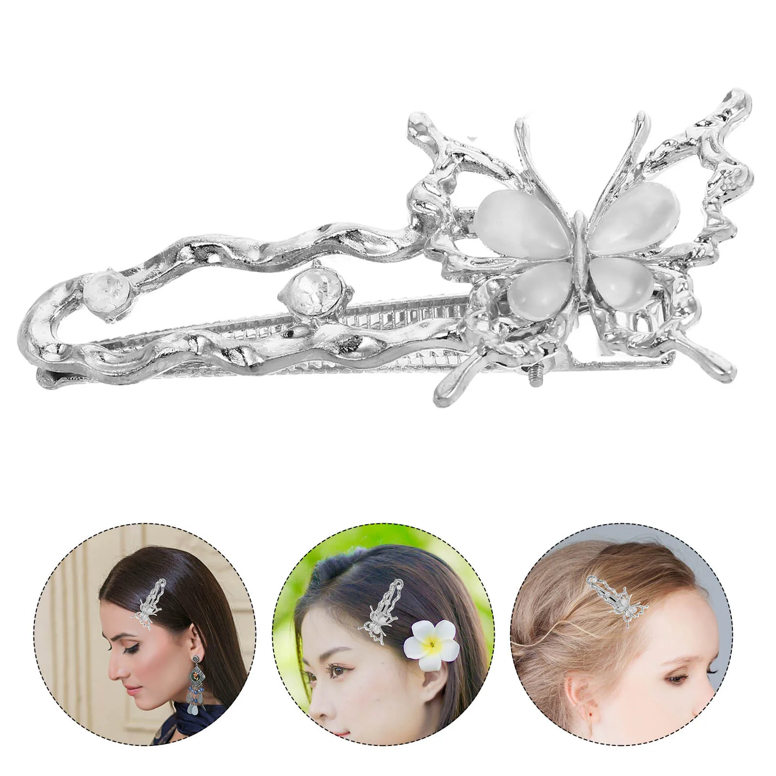 

2 pcs Butterfly Hair Clips Silver Cat Eye Alligator Barrettes Stylish Hairpins For Women Wedding Party Elegant Accessory