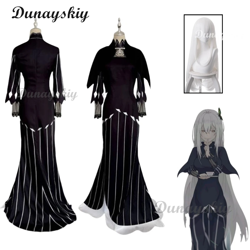 Anime Re: życie w innym świecie od zera Echidna przebranie na karnawał peruka czarna sukienka płaszcz peleryna Cheongsam Qipao