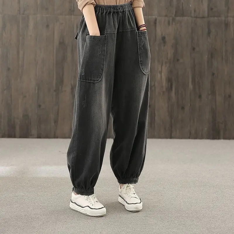 Straight leg denim nine cropped pants women Korean version loose spring and autumn large pocket high waist wide leg pants