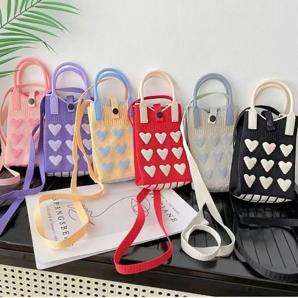 

Вязаная сумка для телефона Sweet Love с силиконовой ручкой, модная женская мини-сумка через плечо, милая корейская вязаная сумочка-чехол для телефона