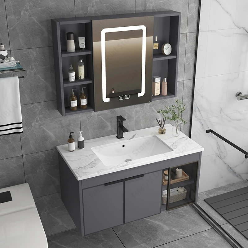 

Gray Bathroom Vanity with Ceramic Integrated Sink Smart Mirror Cabinet Set Aluminum Storage Cabinet Combo with Faucet Drain Kit