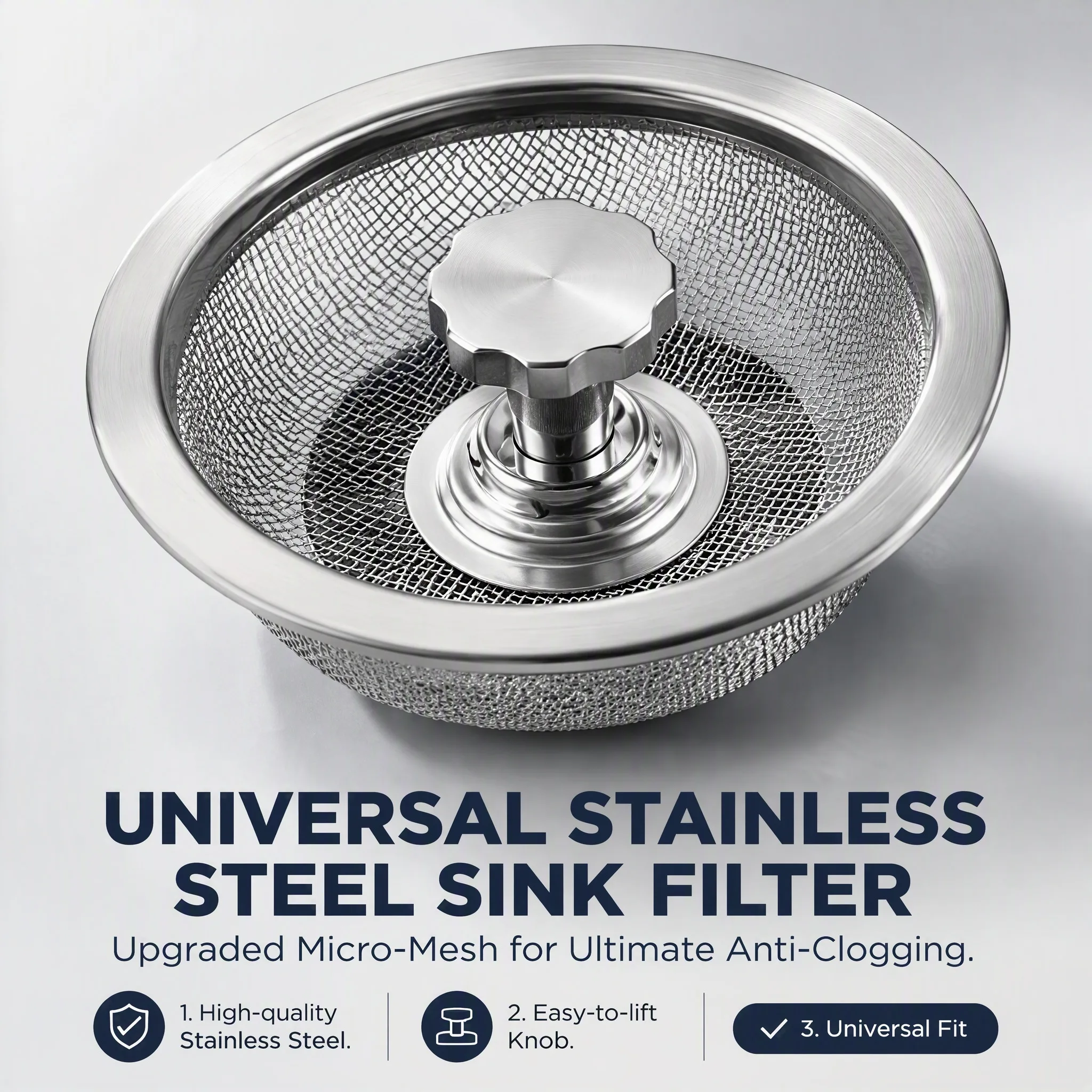 Stainless Steel Sink Strainer, Portable Handle Kitchen Sink Filter Screen Anti‑Clog Drain Mesh for Basin Sewer Drainage Tool