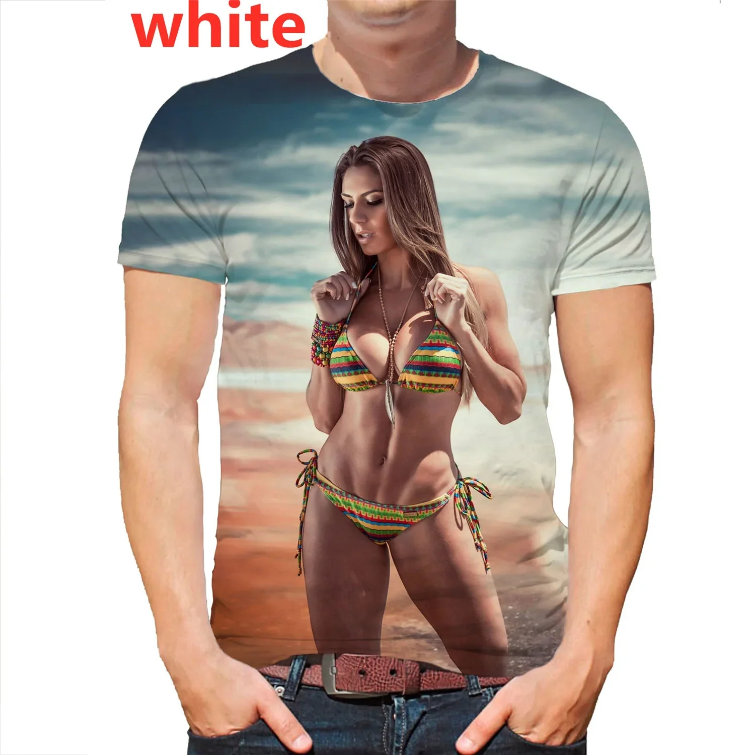 Best-selling Summer Beach Bikini Model 3D Printed T-shirt Fun Creative Passion Men\'s and Women\'s Casual Loose Crewneck T-shirt