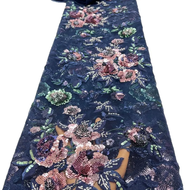 1Yard Multi-Color Floral Embroidery Tulle Fabric French Beaded Lace Fabric for Bridal Wedding Gown Cheongsam Performance Costume