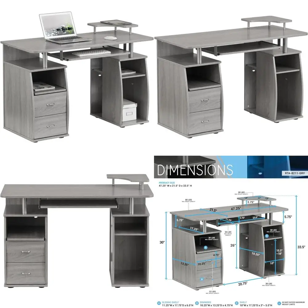 

47-inch Desk with Drawers, Storage, Printer Shelf, Pull-Out Shelf, and Keyboard Tray for Office Use