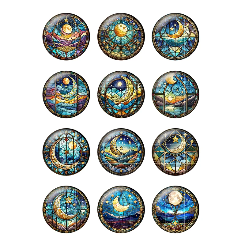 24pcs/lot Colored Moon and Stars Art Patterns 8mm/12mm/18mm/25mm Round Photo Glass Cabochon Demo Flat Back Making Findings H308