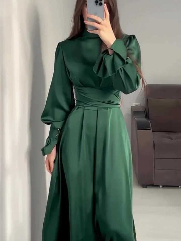 Eid Satin Muslim Dress for Women Abaya Party Dresses Ramadan Lace-up Islam Flare Sleeve Vestidos Largo Dubai Arab Long Robe 2024