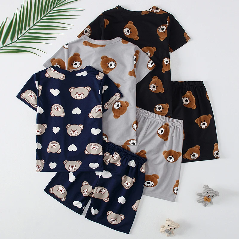 2-Piece Summer Children's Cute Bear Print Short-Sleeved Shorts Set for Boys and Girls Casual T-Shirt Baby Versatile Shorts Set