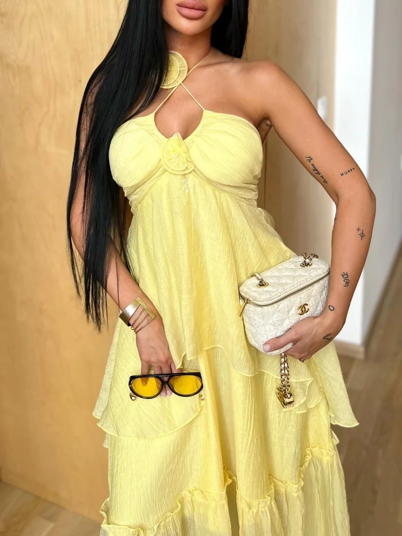 

Модное летнее женское платье с цветочным принтом, без рукавов, без бретелек, асимметричное, длинное, для отпуска и пляжа, 2026