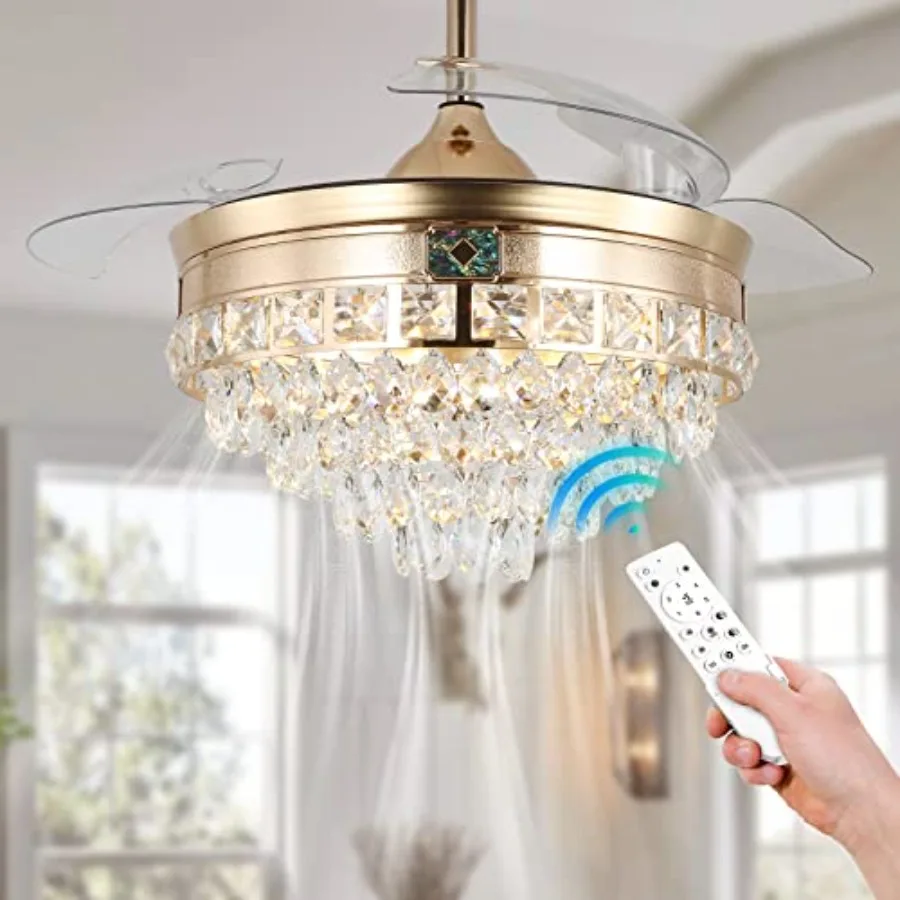 

42" Modern Crystal Chandelier Ceiling Fan with Lights Gold Dimmable Fandeliers LED Invisible Fandelier Crystal Chandelier Fan 3