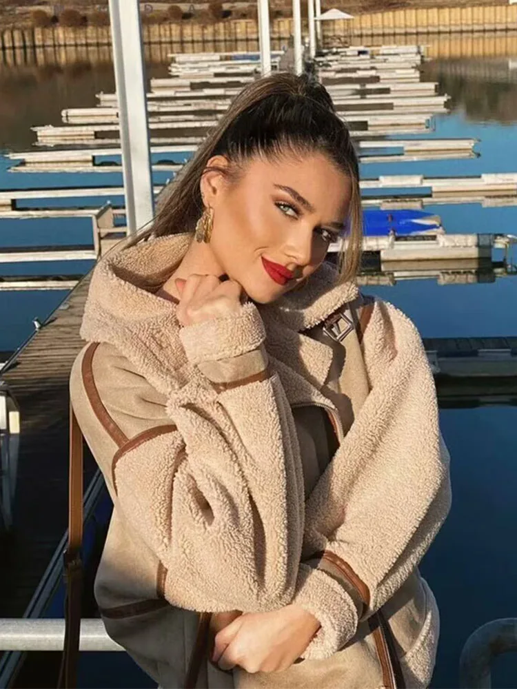 HH Woman Fashion Long Sleeves Lapel Pocket Splicing Decoration Diagonal Zipper Jacket Female Winter Street Style Casual Coat