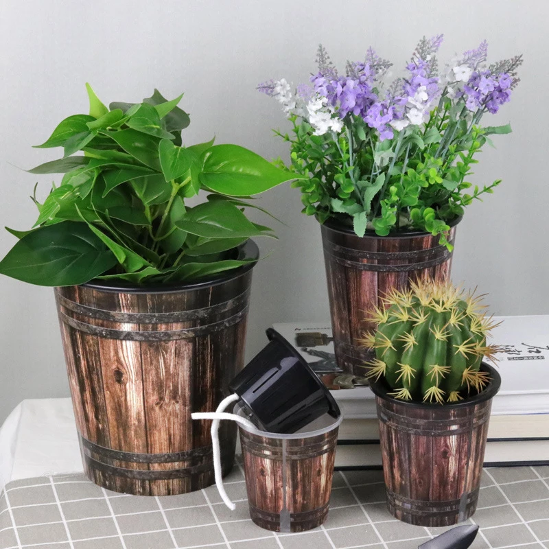 1pc Retro Wood Grain Resin Flower Pot Hydroponic Soil Culture Lazy Plastic Flowerpots  Simulation Wood Grain Nostalgic Pot